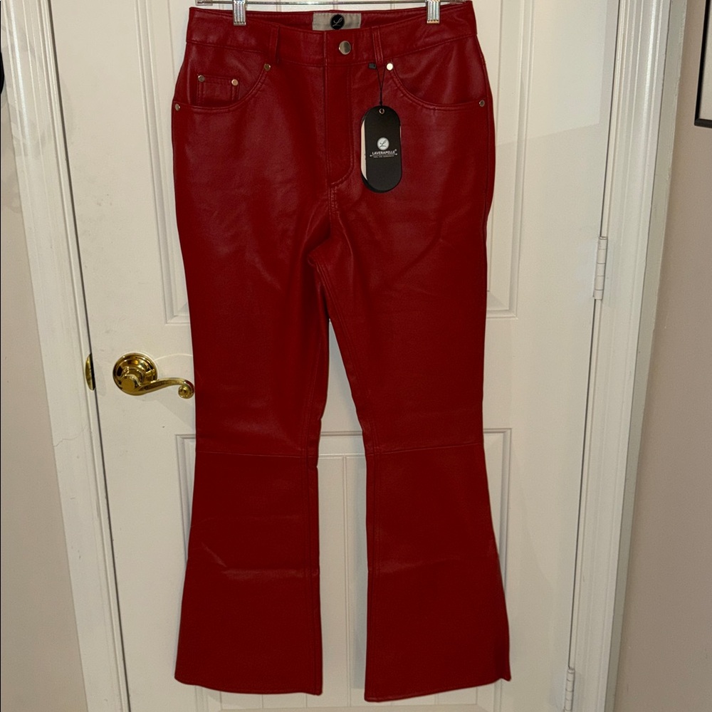 Laverapelle Women’s Genuine Lambskin Red Leather Skinny Flare Pants